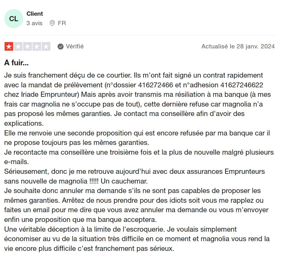 Capture sur Trustpilot. Changer d'assurance emprunteur peut être une aubaine, mais ne négligez pas les conséquences potentielles.