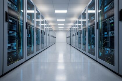 Salle informatique européenne avec baies de serveurs alignées et éclairage bleuté