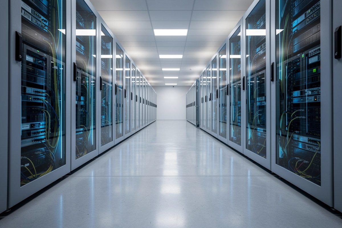 Salle informatique européenne avec baies de serveurs alignées et éclairage bleuté