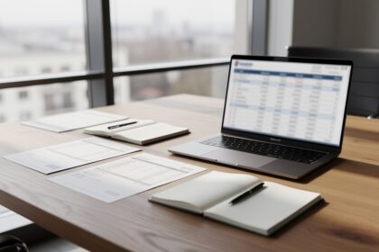 Bureau d'entreprise européen avec documents de paie et carnets disposés sur un plan de travail en bois.