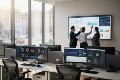 Deux professionnels examinent des workflows et indicateurs de pilotage sur des écrans dans un open space lumineux.