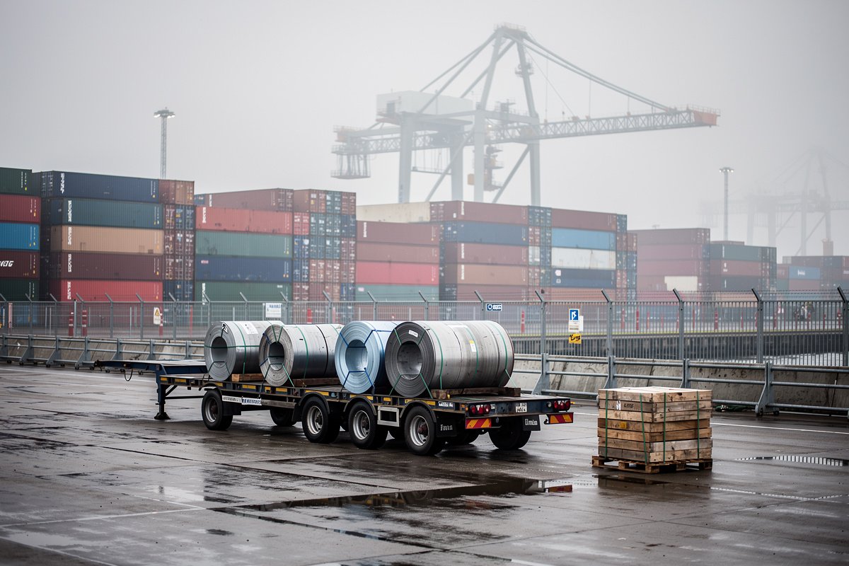 Conteneurs de fret et bobines d'acier empilés sur un quai portuaire industriel européen sous un ciel gris voilé.