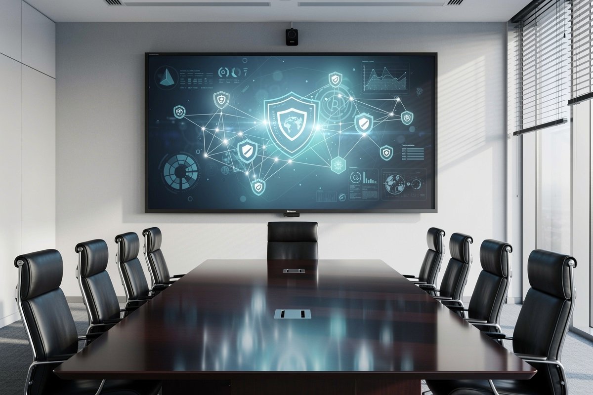 Salle de conseil d'entreprise avec un écran mural affichant un tableau de bord de cybersécurité.