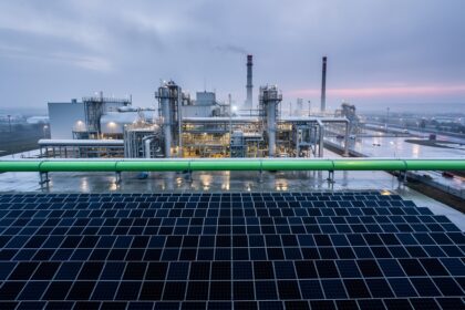 Vue panoramique d'un site industriel européen moderne avec pipelines d'hydrogène vert et panneaux solaires au premier plan, sous une lumière crépusculaire.
