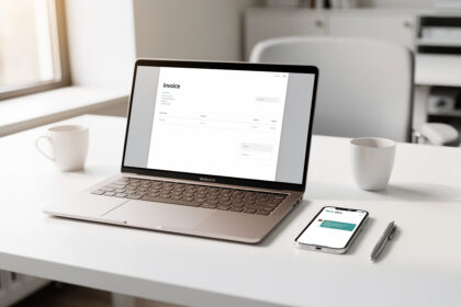 Bureau moderne avec un ordinateur portable affichant une interface de facturation numérique
