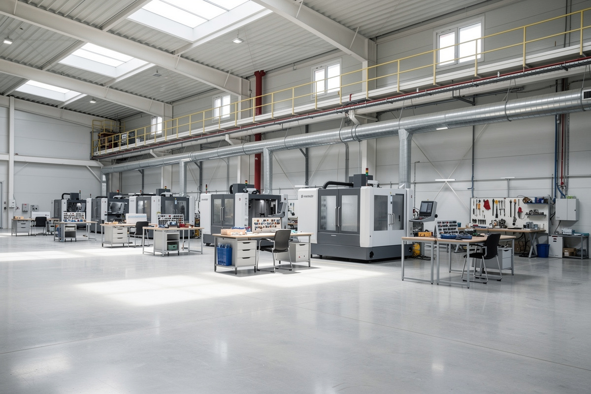 Intérieur d'un hall industriel français avec machines modernes et postes de travail inoccupés