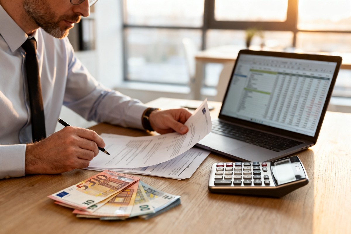 Dirigeant examinant des documents financiers et une calculatrice à son bureau, avec ordinateur portable et billets en euros