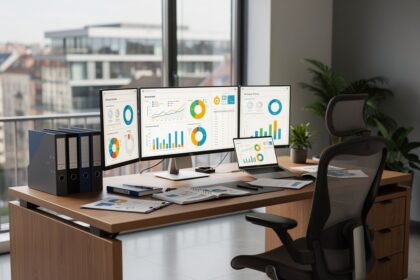 Bureau d analyste financier européen avec écrans affichant des tableaux de bord ESG et des rapports de durabilité