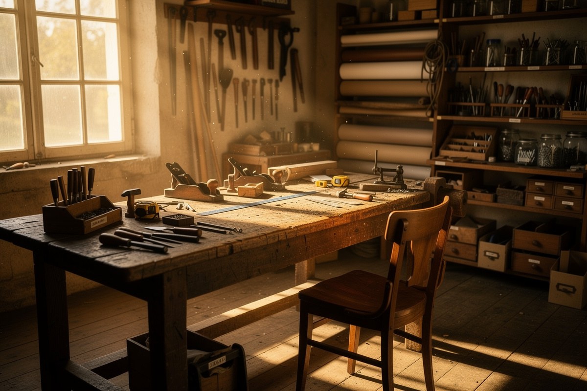 Atelier artisanal français à la lumière dorée, deux établis vides aux outils rangés et une chaise reculée