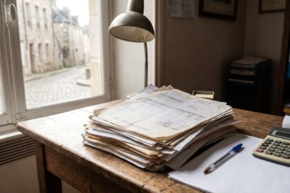 Pile de factures imprimées sur un bureau en bois avec calculatrice et stylo