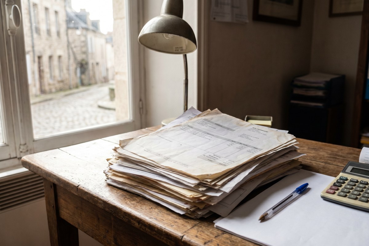 Pile de factures imprimées sur un bureau en bois avec calculatrice et stylo