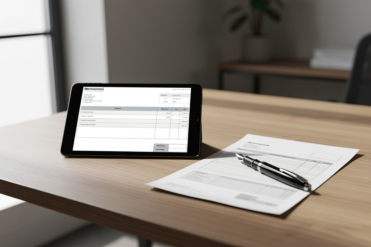 Bureau d'entreprise avec une tablette affichant une facture numérique posée à côté d'un document papier et d'un stylo.