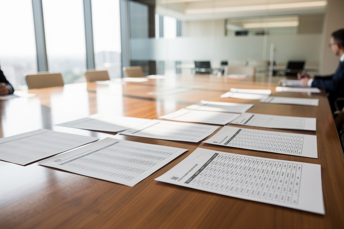 Documents de paie et tableau d'augmentations salariales posés sur une table de réunion dans un bureau lumineux.