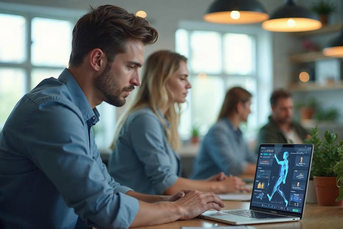 Dirigeant de PME française devant un assistant d'IA générative dans un open space lumineux