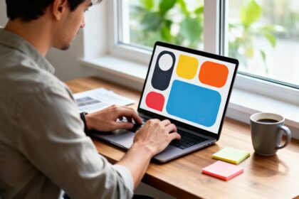 Personne seule à un bureau en bois, ordinateur portable ouvert affichant une interface colorée, lumière du jour