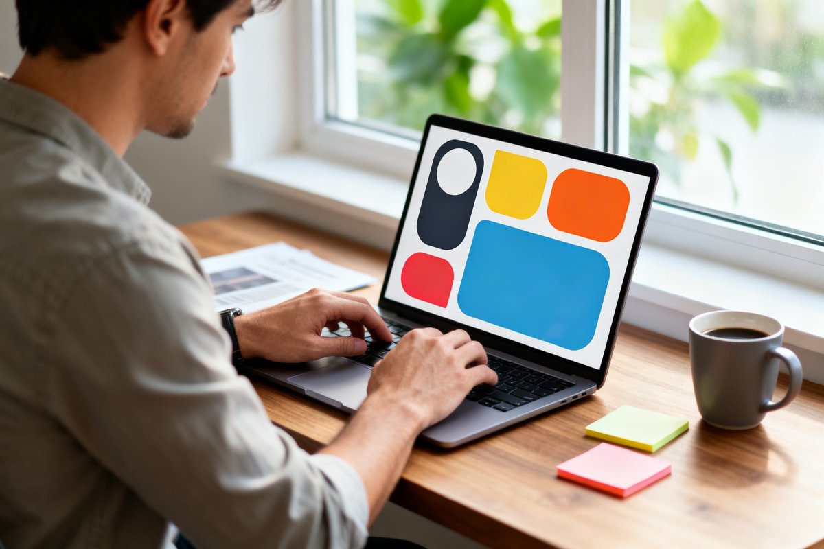 Personne seule à un bureau en bois, ordinateur portable ouvert affichant une interface colorée, lumière du jour
