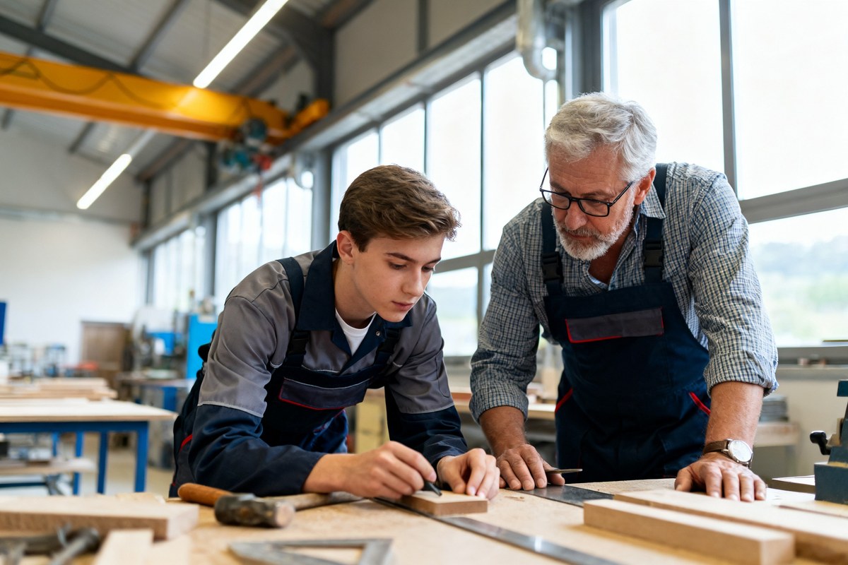 Un jeune apprenti en formation auprès d'un professionnel expérimenté dans un atelier moderne et lumineux.