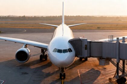 Avion gros-porteur stationné à une porte d'embarquement d'un aéroport européen à l'aube