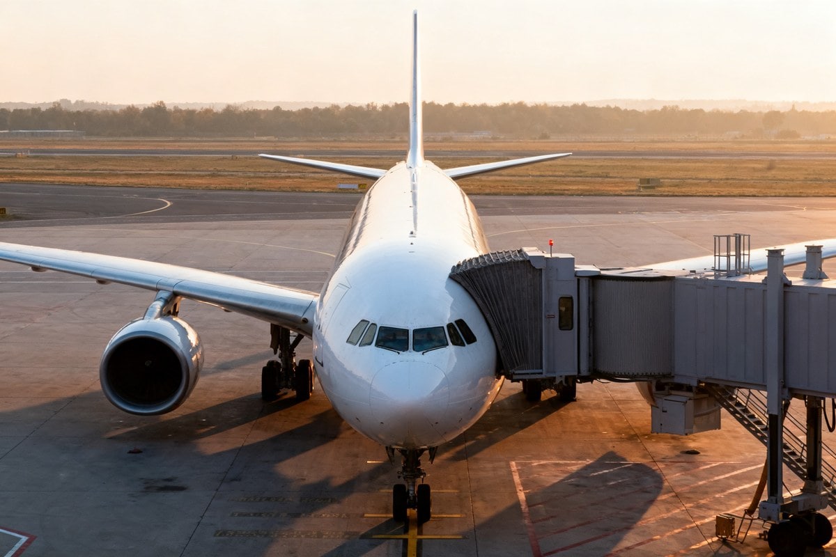Avion gros-porteur stationné à une porte d'embarquement d'un aéroport européen à l'aube
