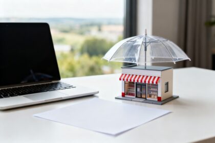 Maquette de boutique abritée par un parapluie transparent à côté d'un ordinateur portable sur un bureau.