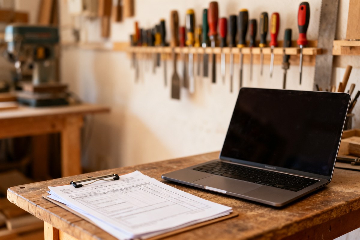 Bureau d'un artisan indépendant avec documents administratifs, ordinateur portable et outils accrochés au mur.