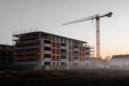 Chantier de construction d'un immeuble résidentiel à l'aube, échafaudages et grue à l'arrêt sous un ciel couvert