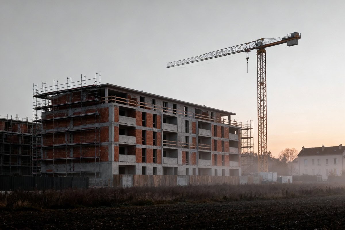 Chantier de construction d'un immeuble résidentiel à l'aube, échafaudages et grue à l'arrêt sous un ciel couvert