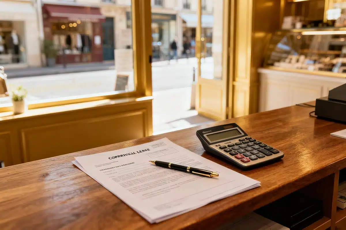 Comptoir d'un petit commerce avec un contrat de bail commercial, une calculatrice et un stylo posés sur un bureau.