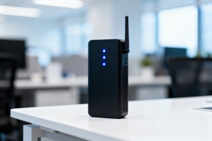 Routeur Wi-Fi portable 4G et 5G posé sur un bureau dans un open-space lumineux.