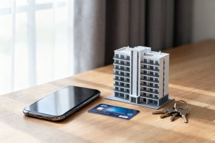 Maquette d'un immeuble moderne sur un bureau, à côté d'une carte bancaire, d'un smartphone et de clés
