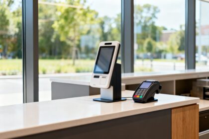 Comptoir d'accueil d'un bureau de poste moderne avec borne et terminal de paiement, lumière de jour douce.