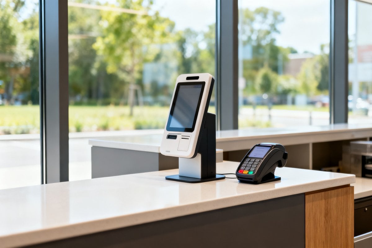 Comptoir d'accueil d'un bureau de poste moderne avec borne et terminal de paiement, lumière de jour douce.