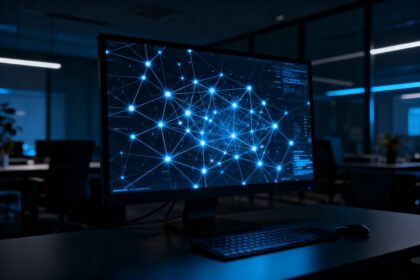 Écran affichant une visualisation de données en réseau avec des points lumineux connectés.