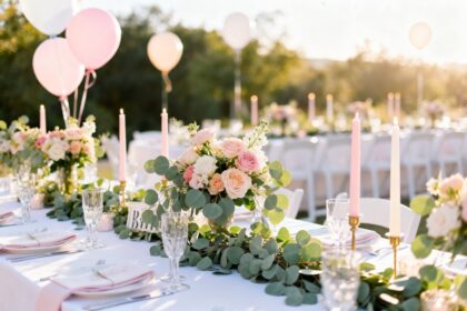 Table de fête décorée de fleurs, bougies et ballons pastel dans un lieu lumineux.
