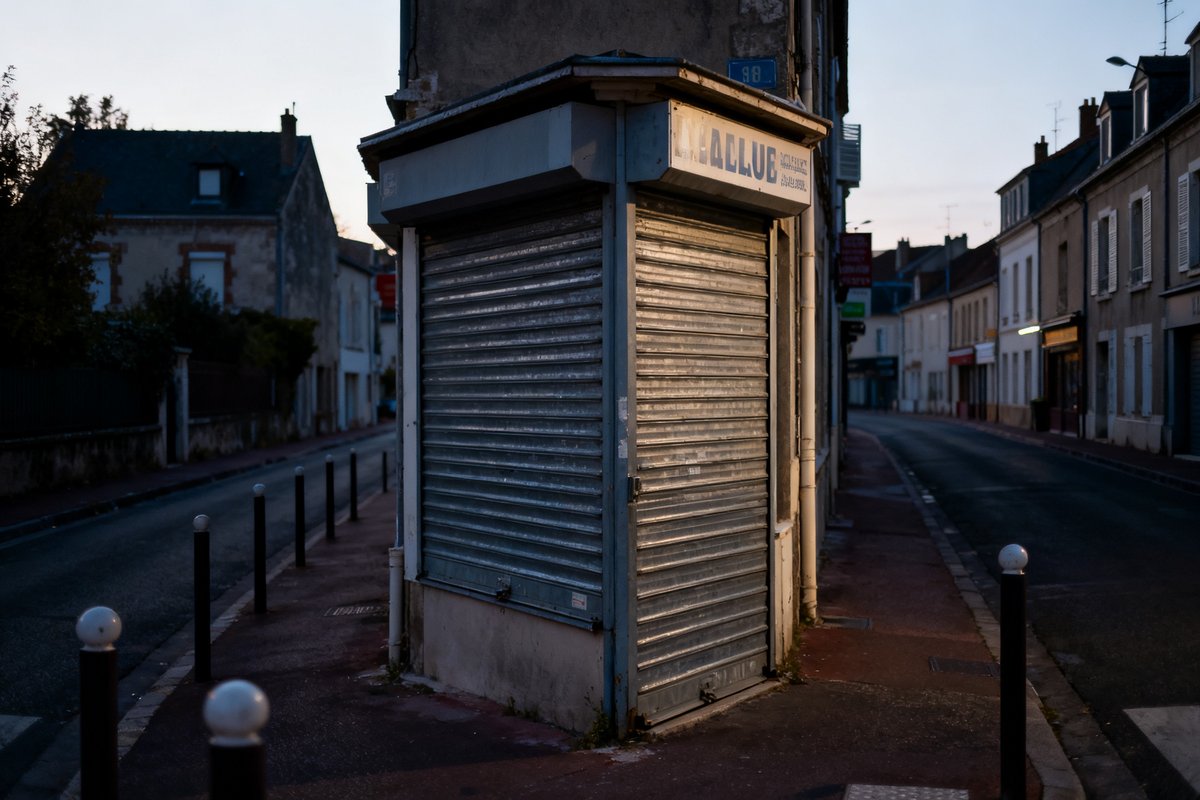Rideau métallique baissé d'un petit commerce dans une rue française déserte
