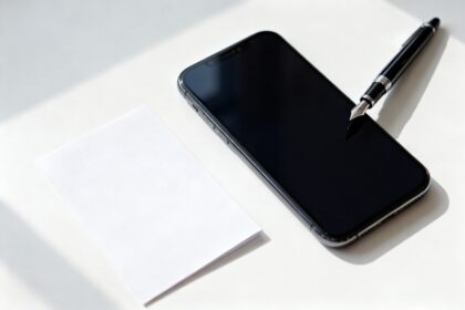 Smartphone à l'écran éteint et stylo posés sur un bureau clair à côté d'une feuille vierge.