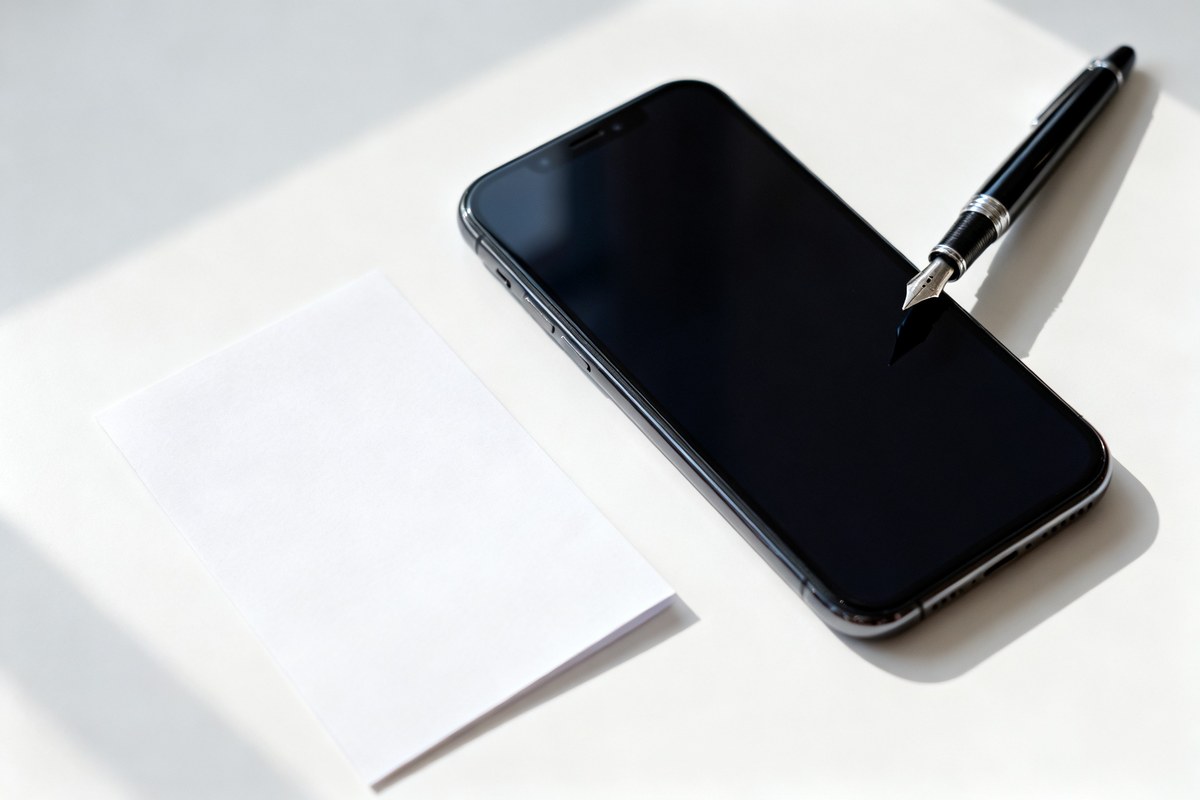 Smartphone à l'écran éteint et stylo posés sur un bureau clair à côté d'une feuille vierge.