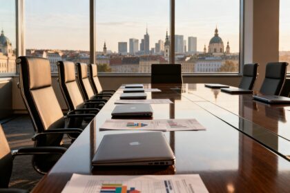 Salle de réunion d'entreprise vide avec table, ordinateurs portables fermés et rapports financiers