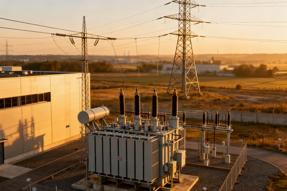 Poste électrique haute tension avec transformateurs et pylônes à côté d'un bâtiment industriel au coucher du soleil.