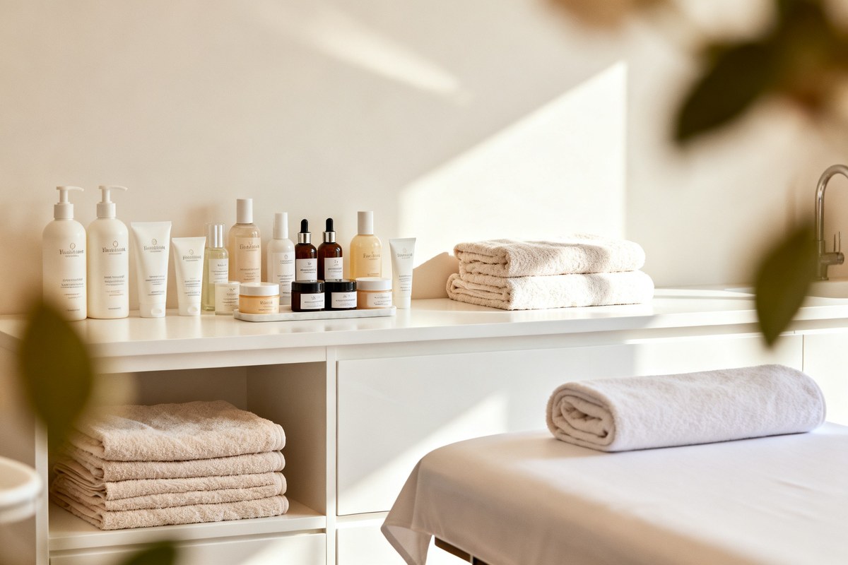 Cabine de soins d'un institut de beauté avec produits cosmétiques alignés sur un comptoir clair et serviettes.