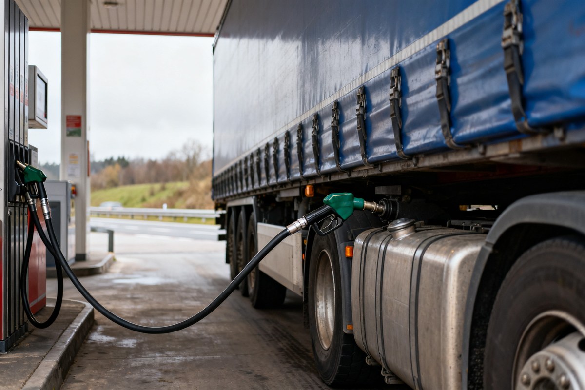 Camion de transport routier en cours de ravitaillement en gazole à la pompe d'une station-service d'autoroute