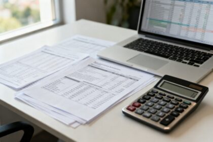Bureau de comptabilité avec états financiers imprimés, calculatrice et ordinateur portable affichant un tableur.