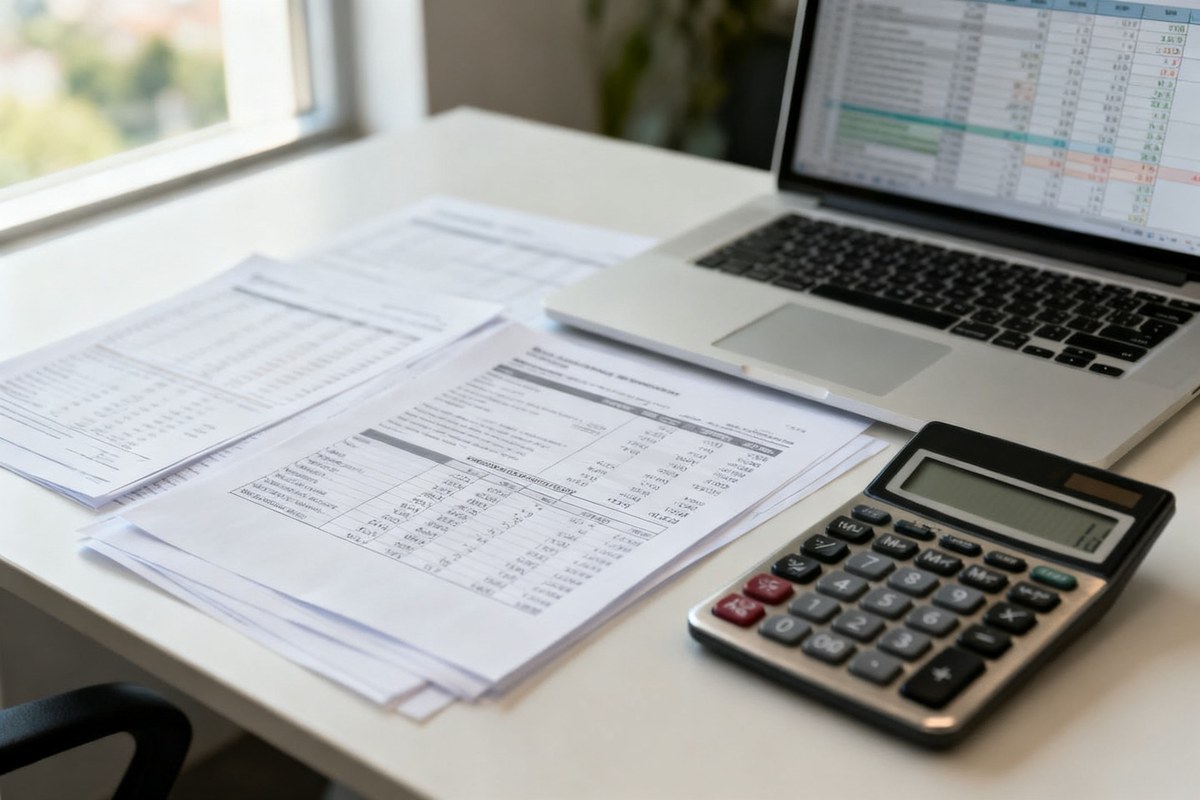 Bureau de comptabilité avec états financiers imprimés, calculatrice et ordinateur portable affichant un tableur.
