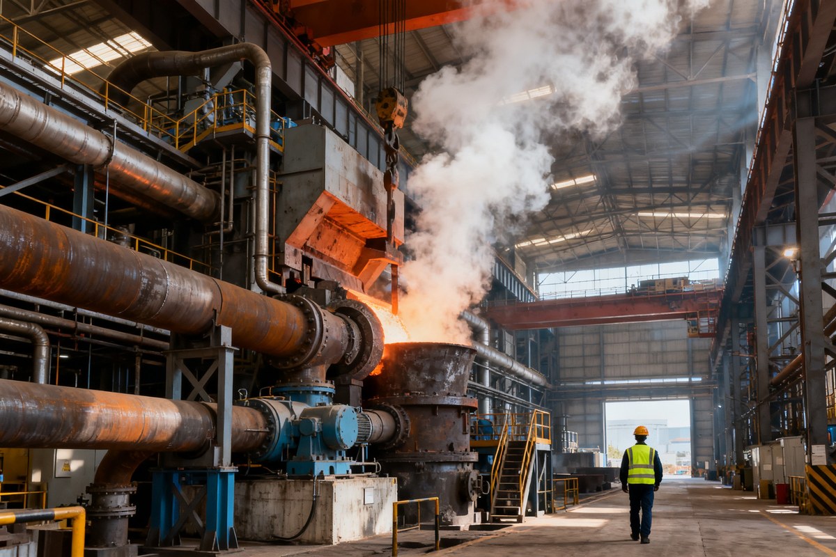 Intérieur d'une usine lourde moderne avec four électrique et tuyauterie d'acier, vapeur près des machines