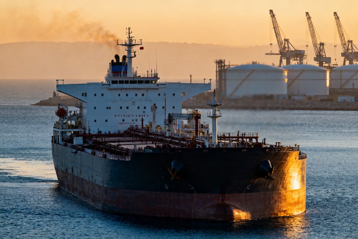 Pétrolier au mouillage près d'un terminal portuaire industriel au crépuscule