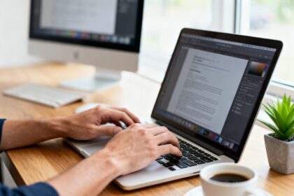 Mains d'un développeur indépendant sur le clavier d'un ordinateur portable, dans un bureau lumineux