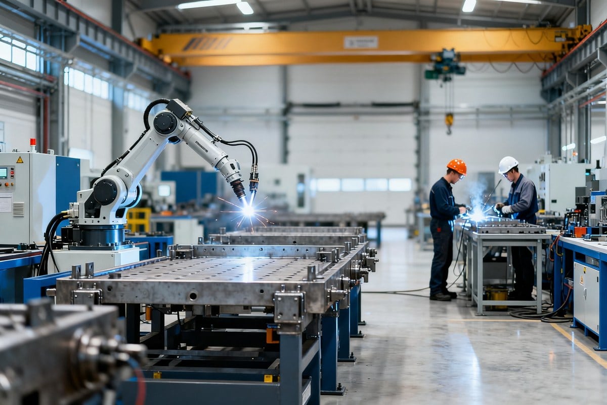 Atelier industriel moderne avec un bras robotisé de soudure et deux techniciens en casque de protection