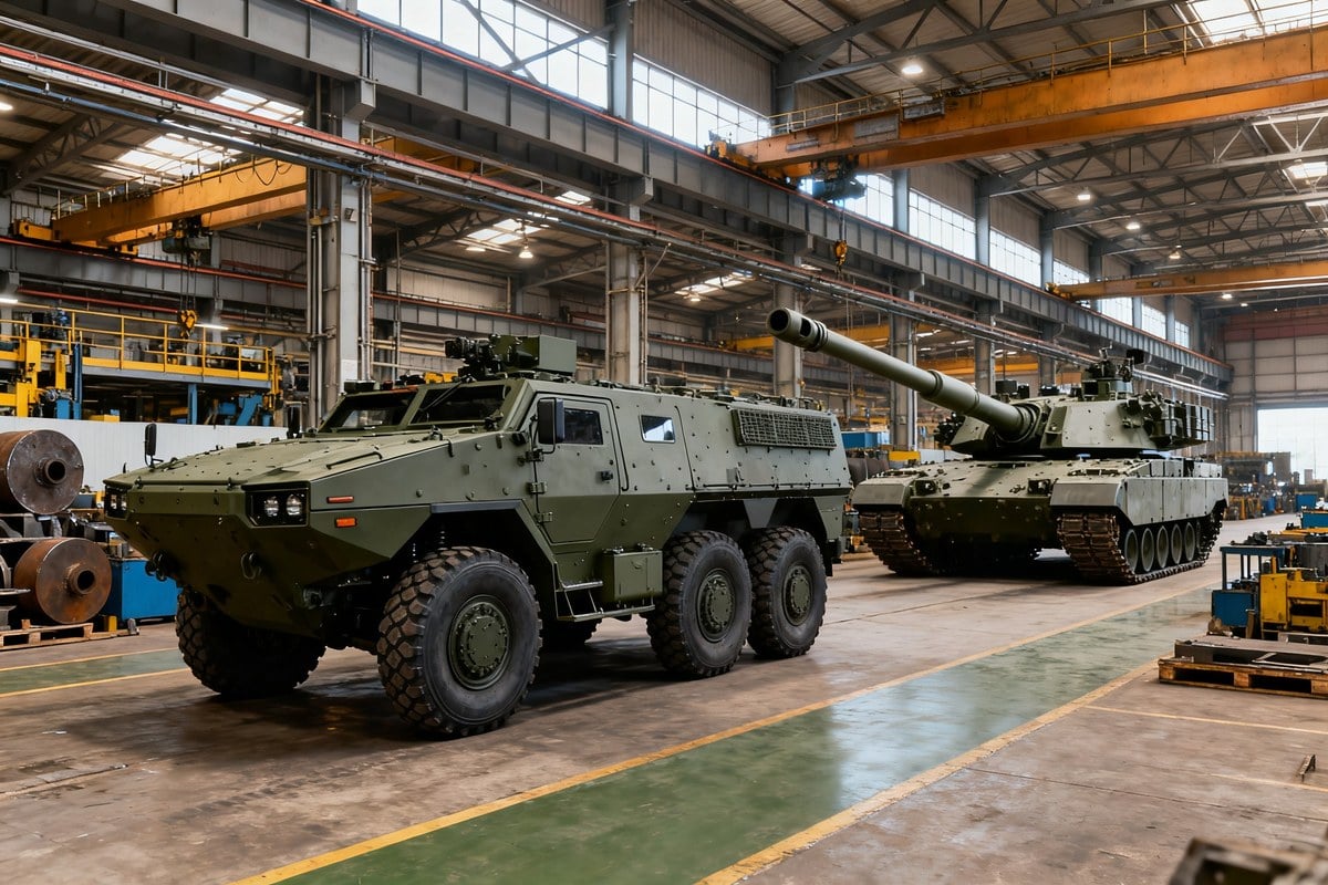 Véhicule blindé à roues et canon d'artillerie automoteur dans le hall d'assemblage d'une usine de défense