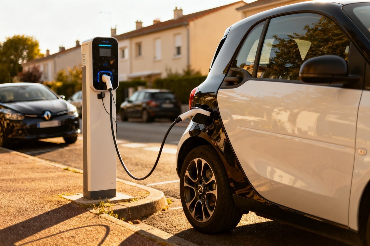 Petite voiture électrique branchée à une borne de recharge dans un quartier résidentiel français.
