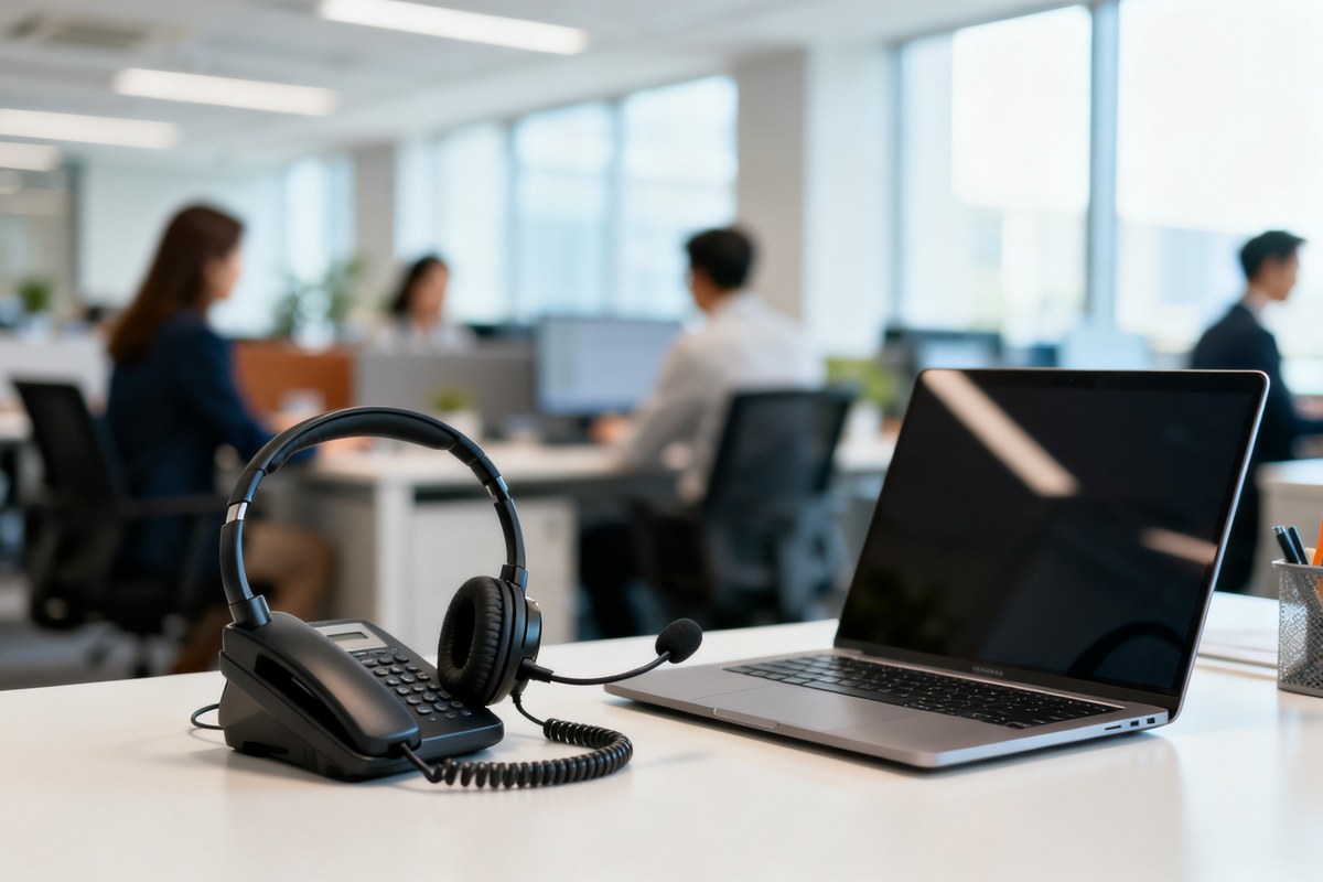 Poste de travail commercial avec téléphone, casque micro et ordinateur portable dans un open-space lumineux.